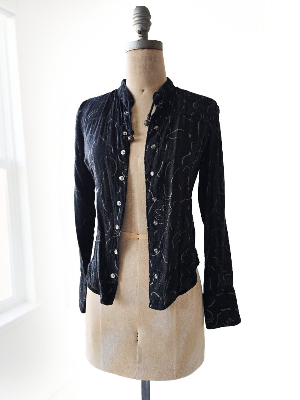 Diesel Black Print Snap Front Blouse Toggle Neck S